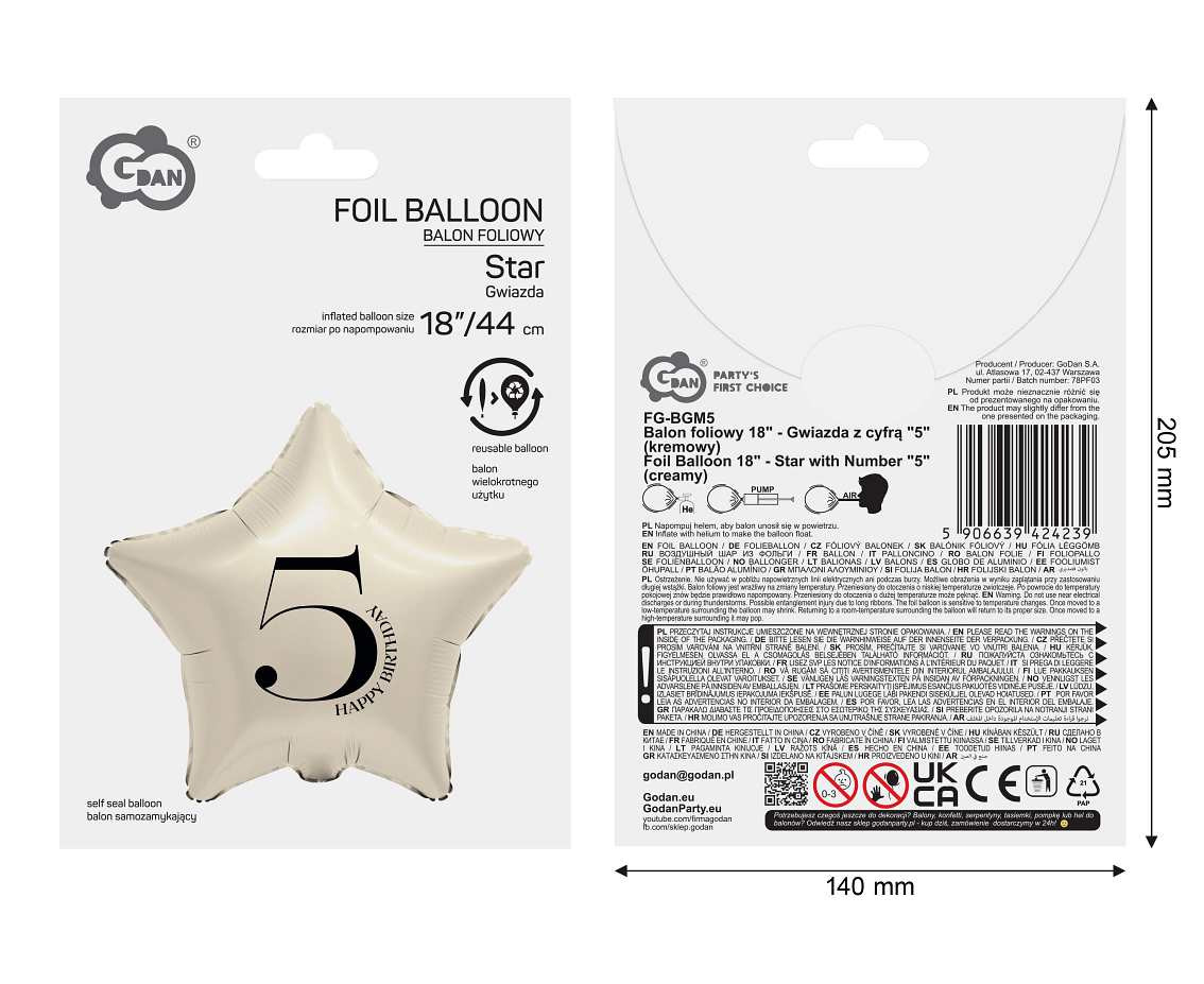 Balon foliowy 18" Gwiazda z cyfrą 5 kremowy FG-BGM5 GoDan